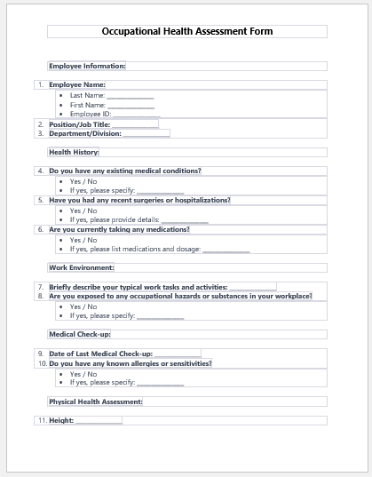 Occupational Health Assessment Form