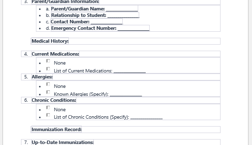 Physical Examination Form for Student