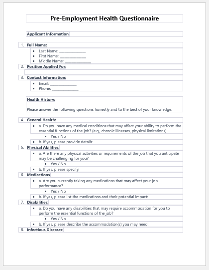 Pre-Employment Health Questionnaire Template