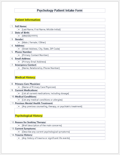 Psychology Patient Intake Form