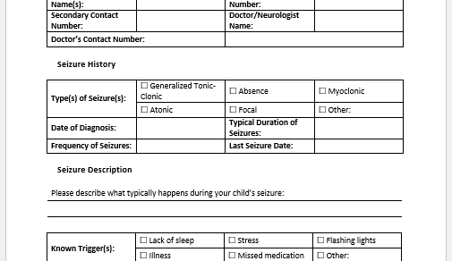 Seizure Action Plan Form Template for Word
