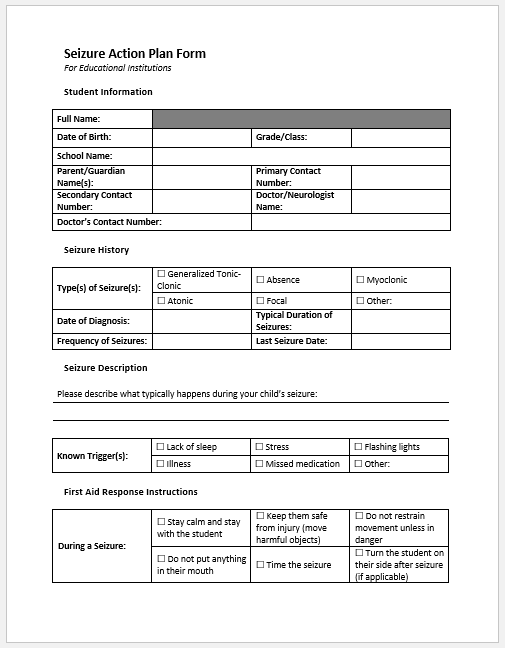 Seizure Action Plan Form Template for Word