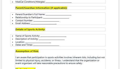 Sports Participation Consent Form