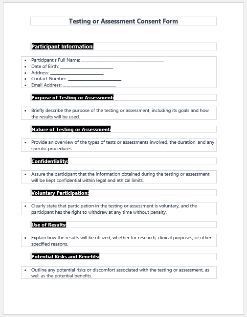 Testing or Assessment Consent Form