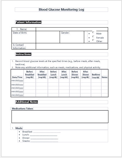 Blood Glucose Monitoring Log