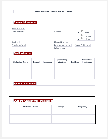 Home Medication Record Form