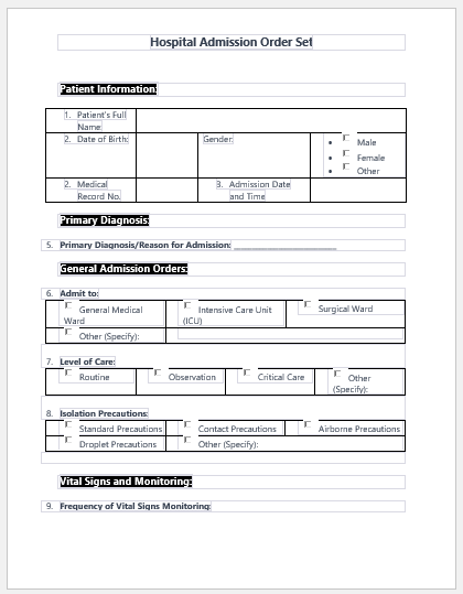 Hospital Admission Order Set