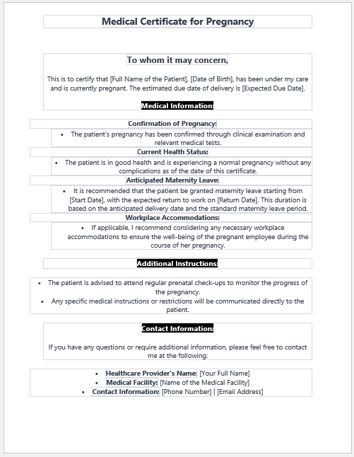 Medical Certificate for Pregnancy