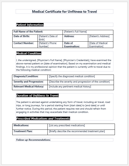 Medical Certificate for Unfitness to Travel