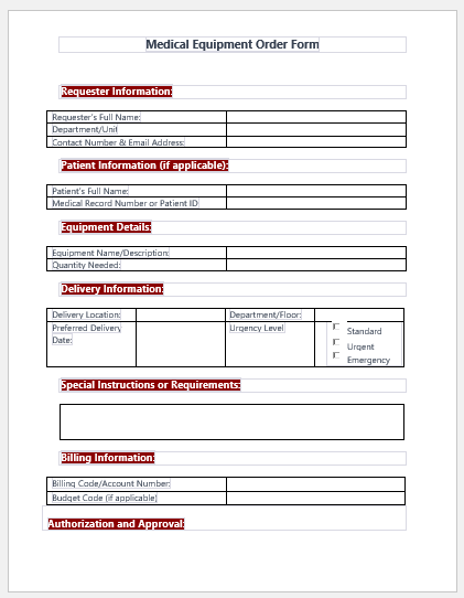 Medical Equipment Order Form