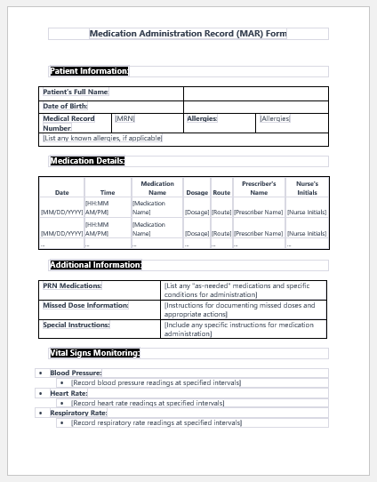 Medication Administration Record (MAR) Form