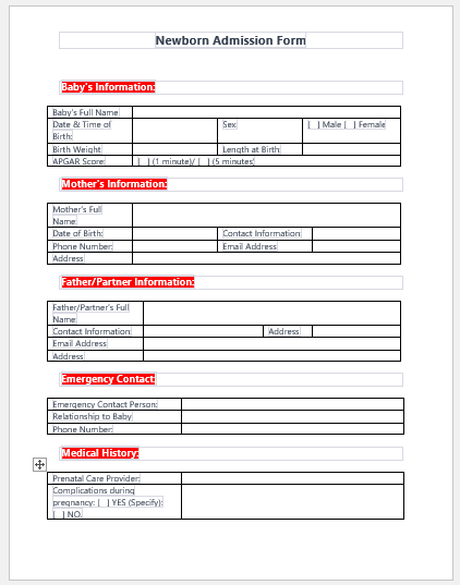 Newborn Admission Form