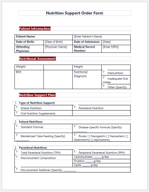 Nutrition Support Order Form