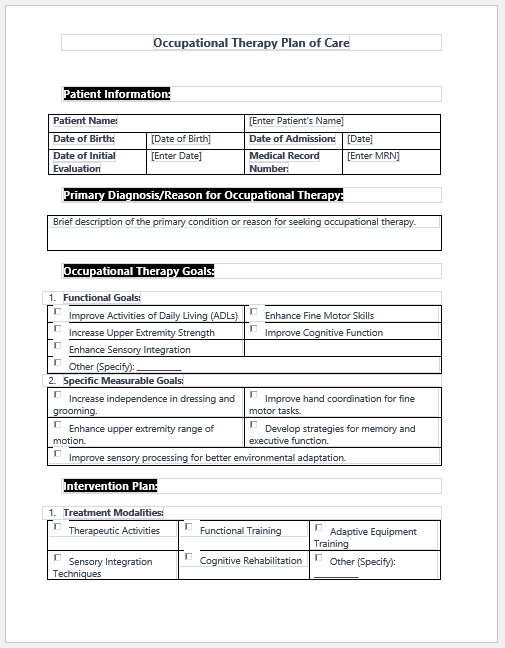 Occupational Therapy Plan of Care