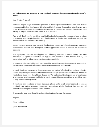 Response letter to Feedback on Areas of Improvement in Hospital