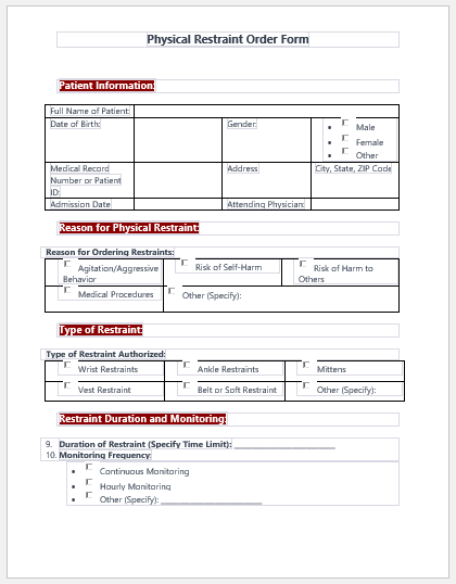 Physical Restraint Order Form