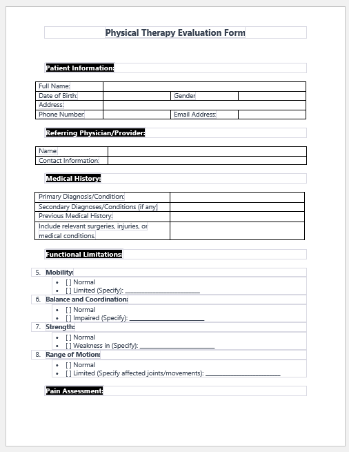 Physical Therapy Evaluation Form