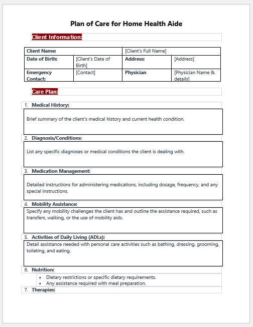 Plan of Care for Home Health Aide