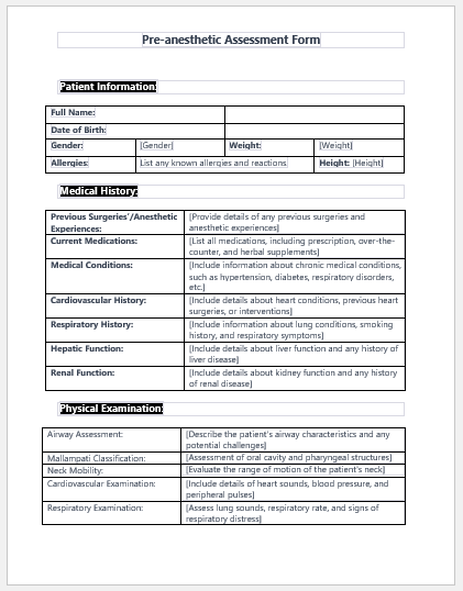 Pre-anesthetic Assessment Form