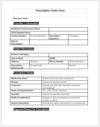 Prescription Order Form