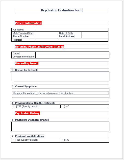 Psychiatric Evaluation Form