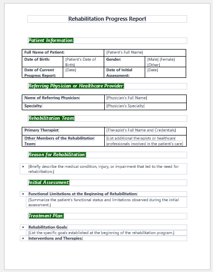 Rehabilitation Progress Report