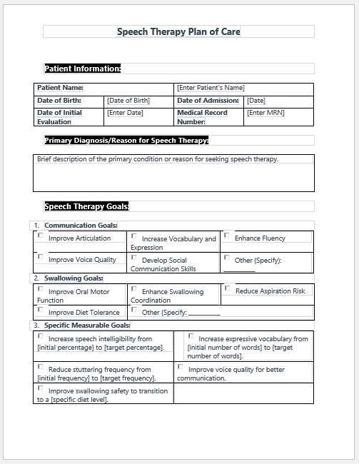 Speech Therapy Plan of Care