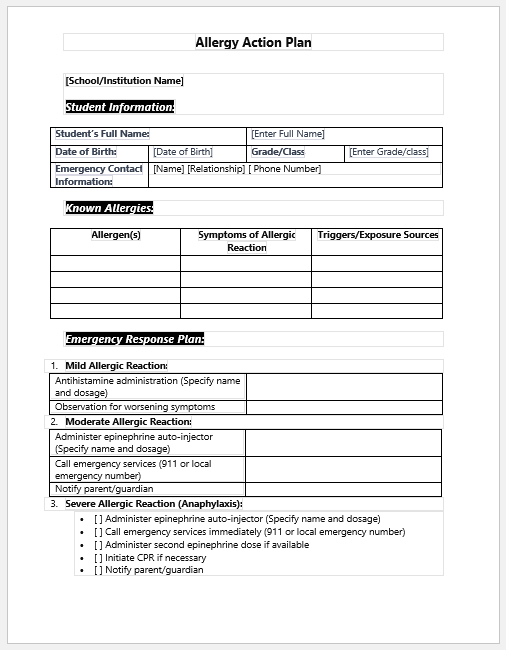 Allergy Action Plan