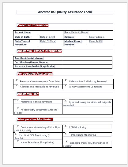 Anesthesia Quality Assurance Form