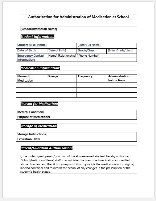 Authorization for Administration of Medication at School