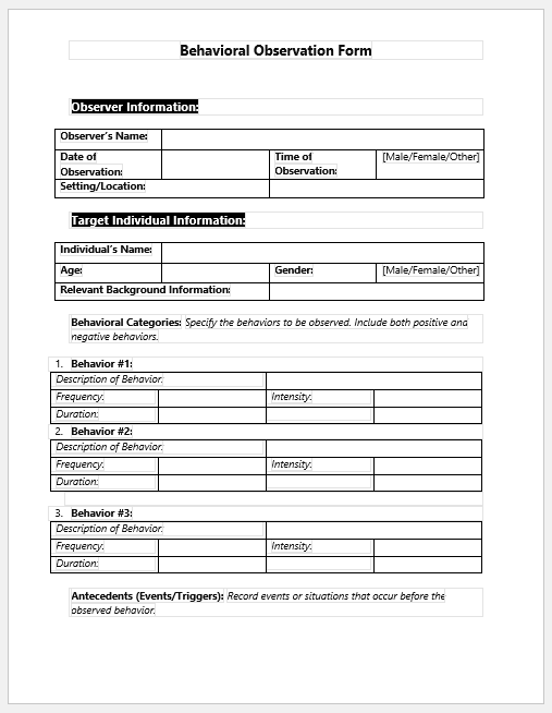 Behavioral Observation Form