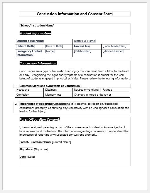 Concussion Information and Consent Form