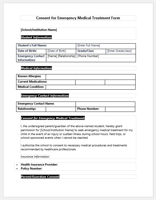 Consent for Emergency Medical Treatment Form