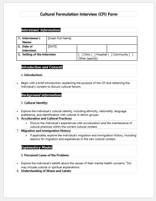 Cultural Formulation Interview (CFI) Form