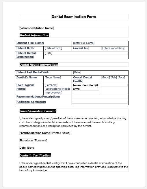 Dental Examination Form