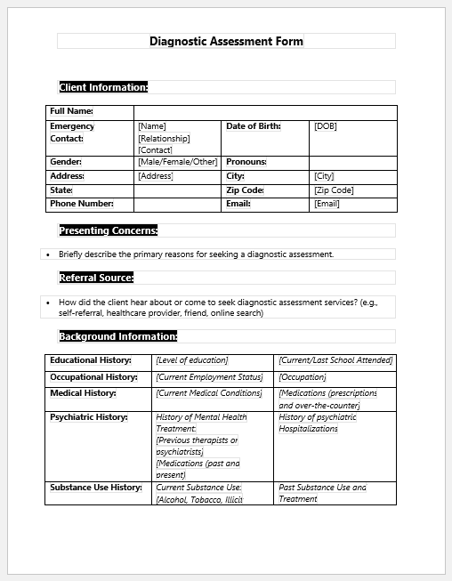 Diagnostic Assessment Form