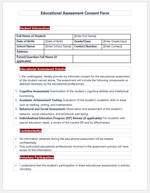 Educational Assessment Consent Form