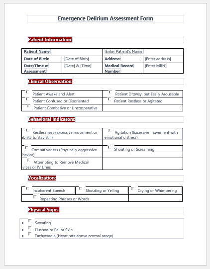 Emergence Delirium Assessment Form