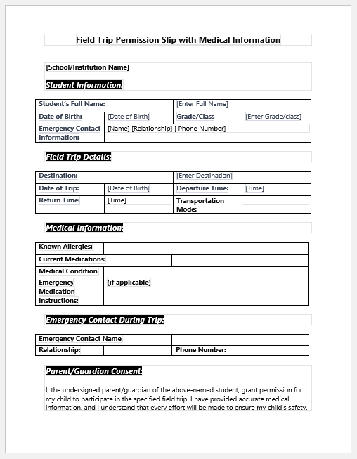 Field Trip Permission Slip with Medical Information