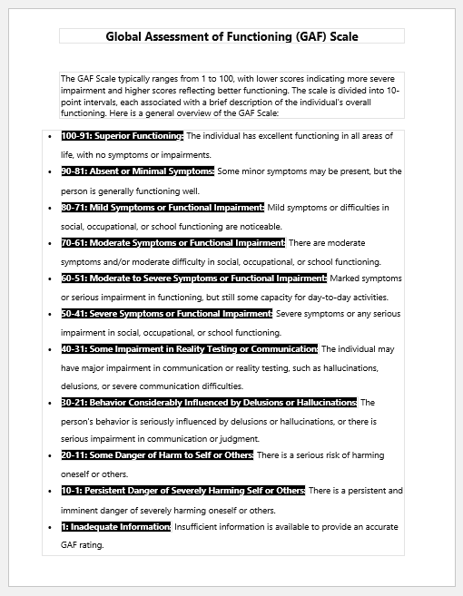 Global Assessment of Functioning (GAF) Scale