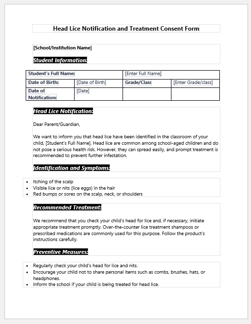 Head Lice Notification and Treatment Consent Form