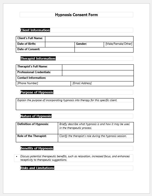 Hypnosis Consent Form