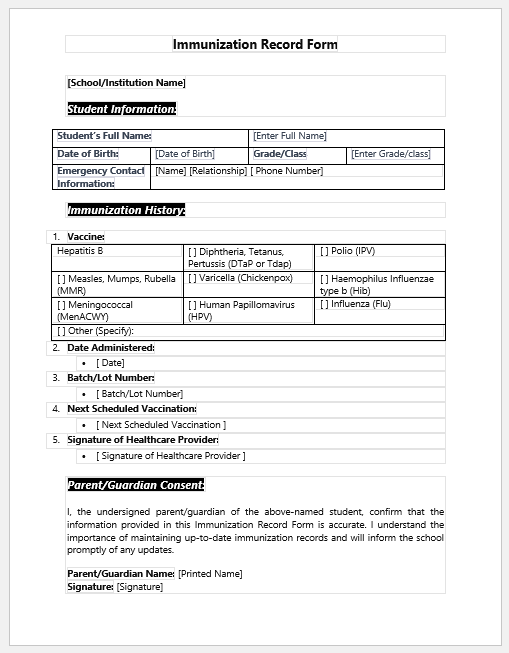 Immunization Record Form