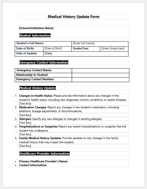 Medical History Update Form