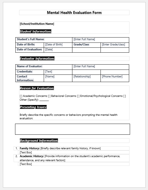 Mental Health Evaluation Form
