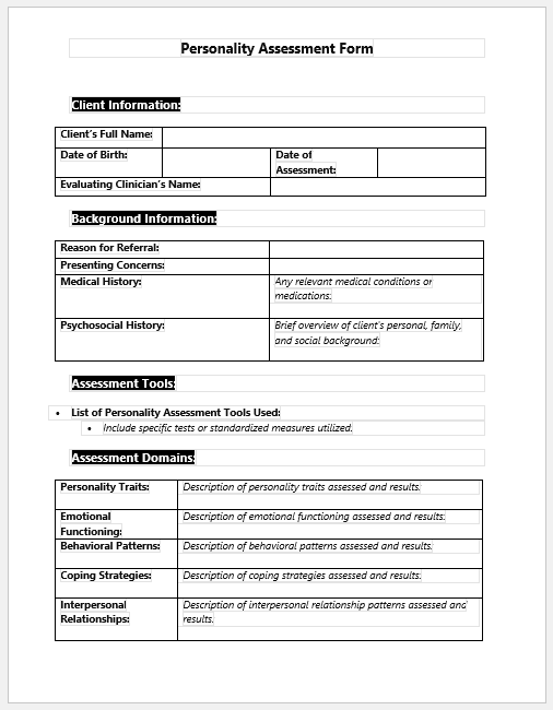 Personality Assessment Form