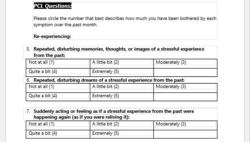 Post-Traumatic Stress Disorder Checklist (PCL) Form