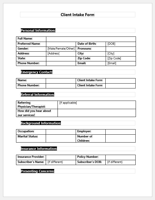 Psychologist Client Intake Form