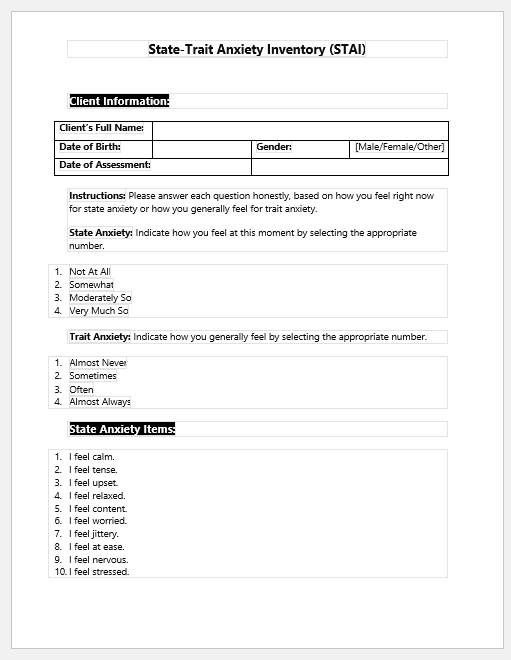 State-Trait Anxiety Inventory (STAI)