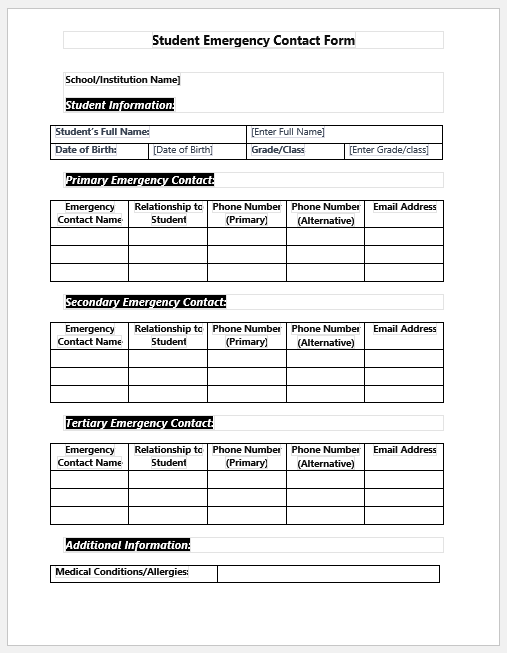 Student Emergency Contact Form